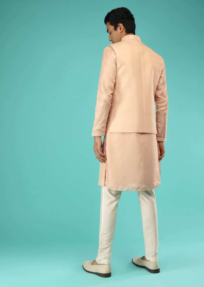 Peach Nehru Jacket And Kurta Set With Multi Colored Resham Embroidered Floral Buttis