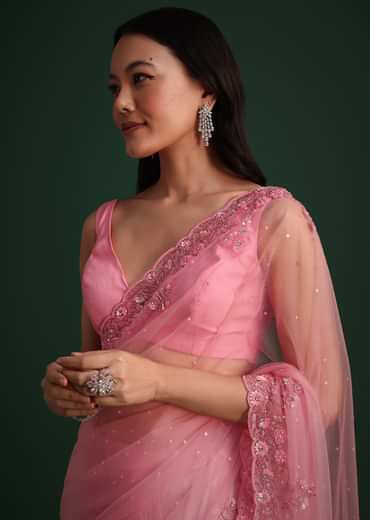 Pink Net Embroidered Saree With Cudtana And Sequin Work