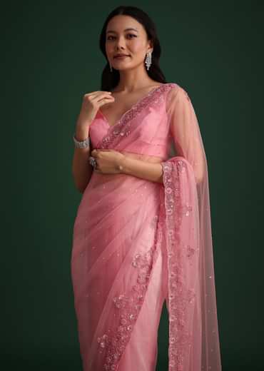 Pink Net Embroidered Saree With Cudtana And Sequin Work