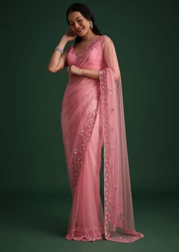 Pink Net Embroidered Saree With Cudtana And Sequin Work