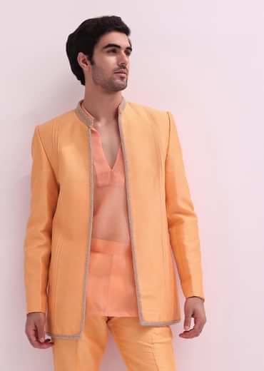 Peach Ombre Pintuck Laced Bandhgala With Kurta And Pants