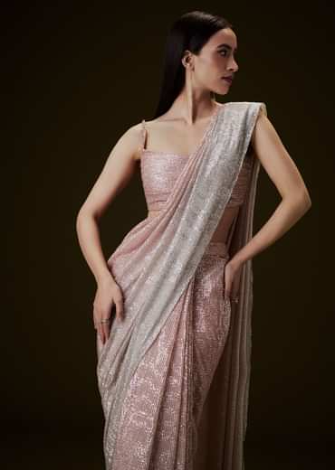 Peach Ombre Pre Drape Saree With Off Shoulder Boat Neck Blouse