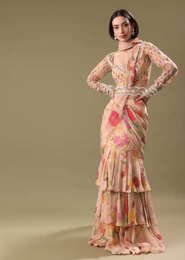 Peach Organza Pre Draped Saree With Embroidered Blouse
