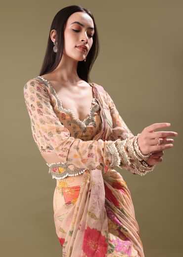 Peach Organza Pre Draped Saree With Embroidered Blouse
