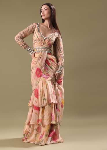 Peach Organza Pre Draped Saree With Embroidered Blouse