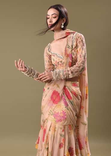 Peach Organza Pre Draped Saree With Embroidered Blouse