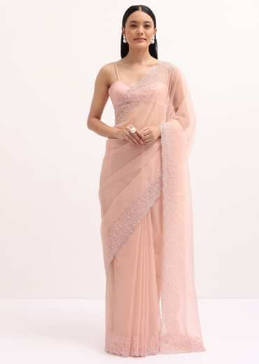 Peach Organza Saree In Sequins With Unstitched Blouse