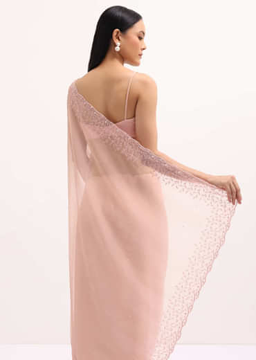 Peach Organza Saree In Sequins With Unstitched Blouse