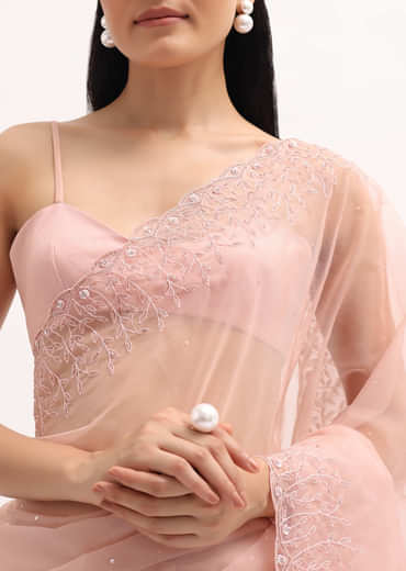 Peach Organza Saree In Sequins With Unstitched Blouse