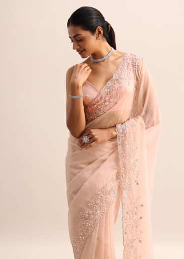 Peach Organza Saree With Cutdana And Sequins On Border And Unstitched Blouse