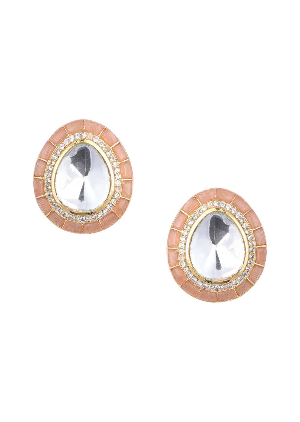 Peach Oversized Studs With Meenakari Detail And Studded Polki