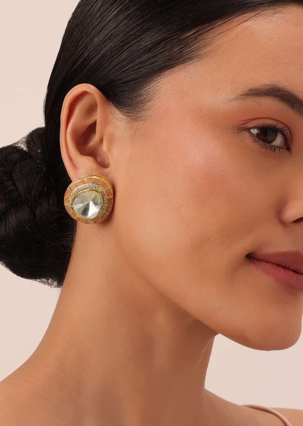 Peach Oversized Studs With Meenakari Detail And Studded Polki