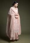 Peach Palazzo Suit In Cotton With Thread Cut Work Embroidered Scallop Jaal And Mirror Abla Work