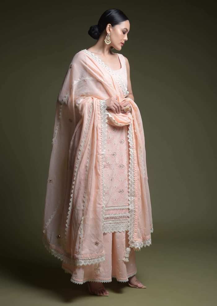 Peach Palazzo Suit In Cotton With Thread Cut Work Embroidered Scallop Jaal And Mirror Abla Work