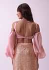 Peach Pink Pre Stitched Cocktail Saree In Sequins With Rushing Blouse