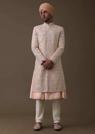 Peach Pink Sherwani Set In Silk With Resham And Cut Dana Work