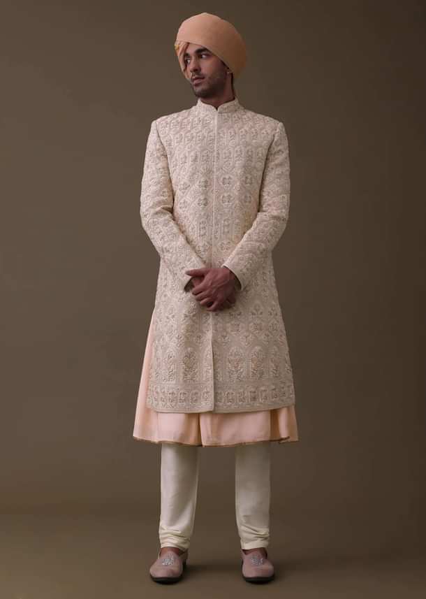 Peach Pink Sherwani Set In Silk With Resham And Cut Dana Work