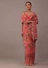 Peach Pink Floral Printed Saree In Organza With Cut Dana Butti All Over