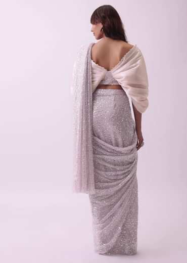 Peach Pink Pre-stitched Saree And Blouse With Pearl Embroidery