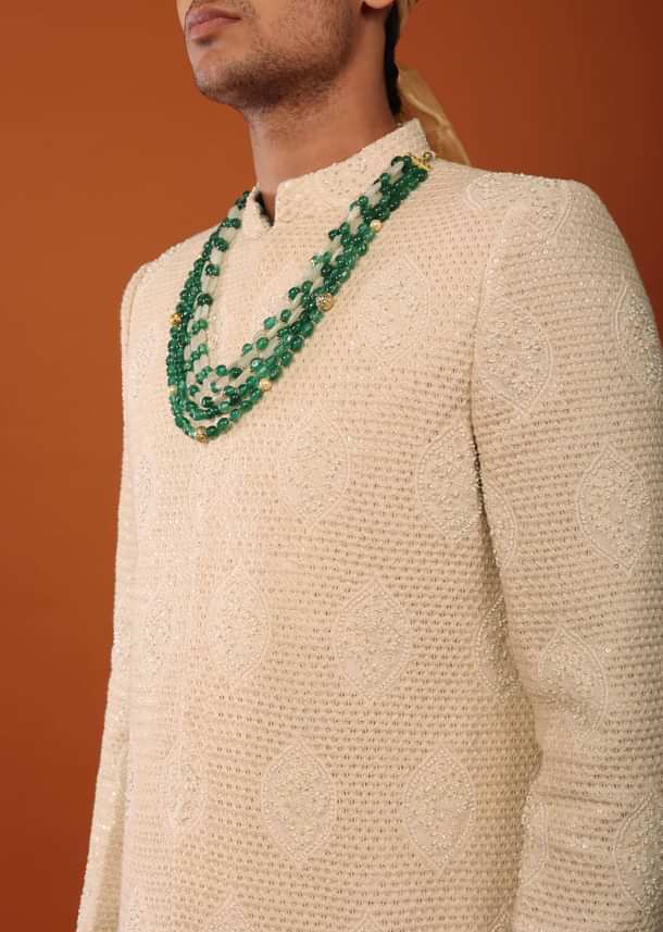 Peach Pink Sherwani Set In Textured Silk With Embroidery