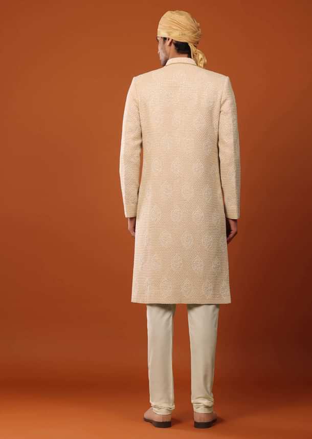 Peach Pink Sherwani Set In Textured Silk With Embroidery