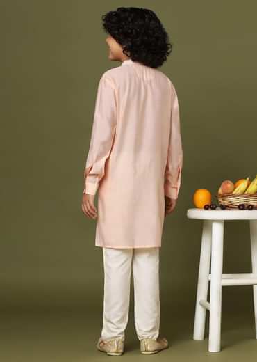 Peach Pink Silk Kurta And Pant Set With Threadwork