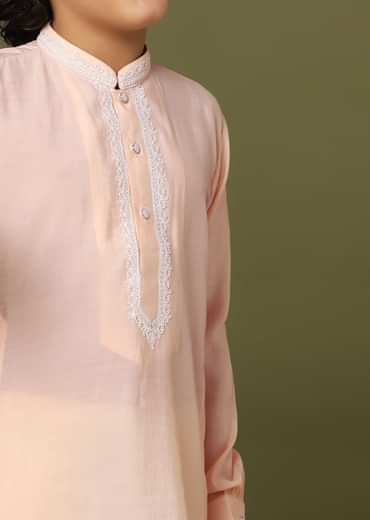 Peach Pink Silk Kurta And Pant Set With Threadwork
