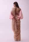 Peach Pink Pre Stitched Cocktail Saree In Sequins With Rushing Blouse