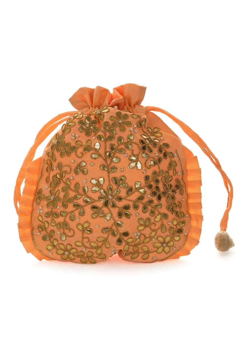 Peach potli bag beautified in gotta patti embroidered work only on Kalki