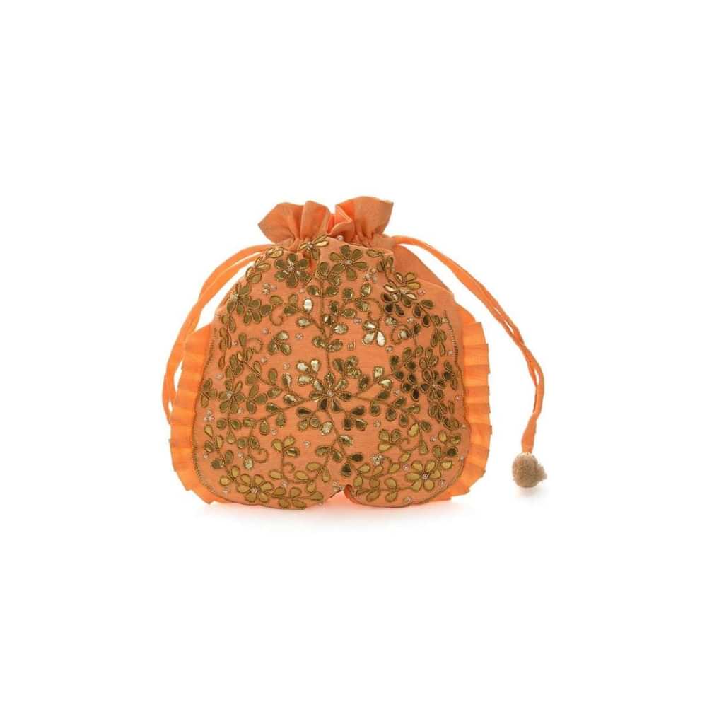 Peach potli bag beautified in gotta patti embroidered work only on Kalki