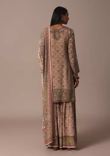 Peach Printed Embellished Kurta Palazzo Set