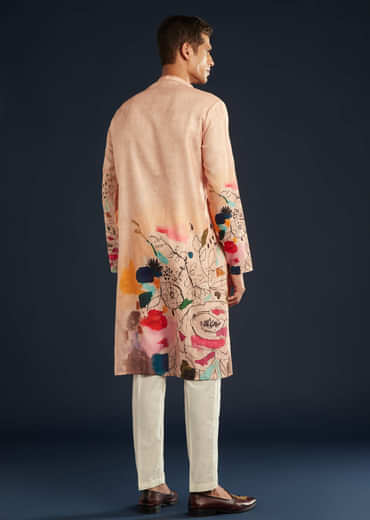 Peach Printed Silk Kurta Set