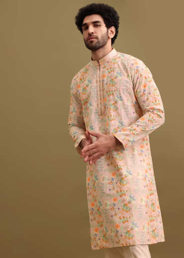 Peach Printed Silk Kurta Set For Men