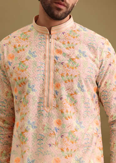 Peach Printed Silk Kurta Set For Men