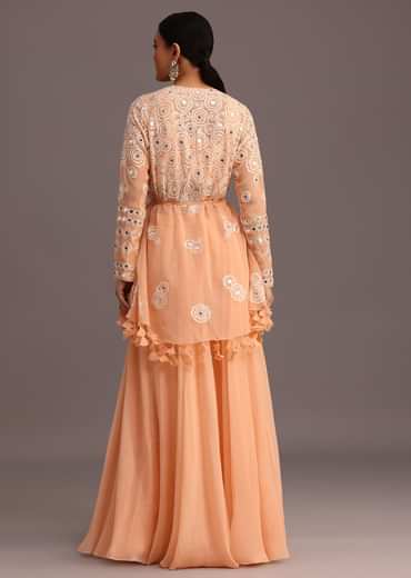 Peach Resham Work Jacket And Croptop Palazzo Set