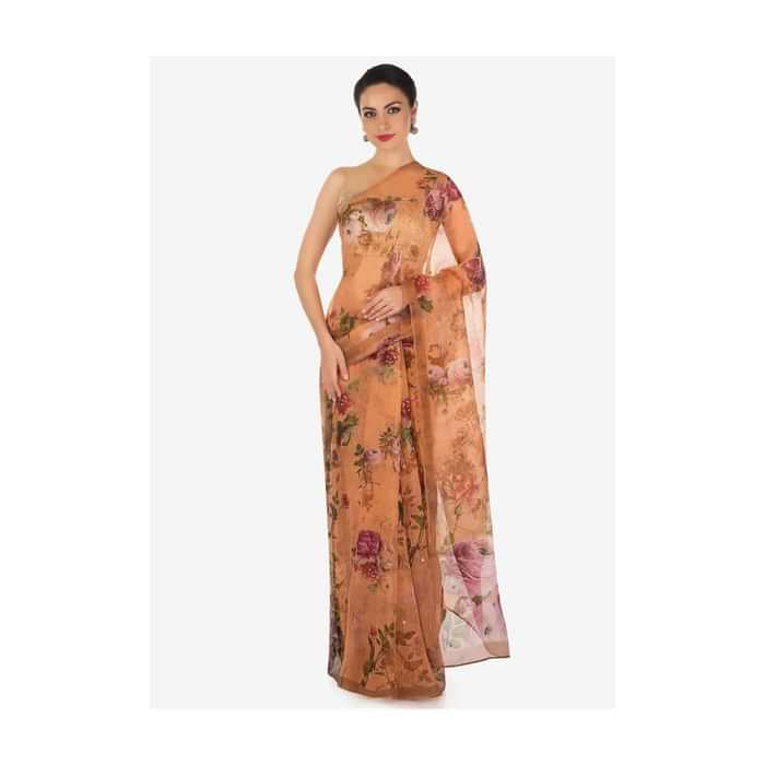 Peach saree features in tissue silk with sequin embroidery only on Kalki