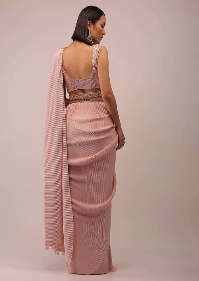 Peach Saree With A Crop Top Crafted In Net With Sequins Embroidery