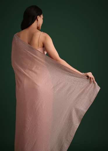 Peach Satin Heavy Embroidered Saree With Stones And Diamonds All Over