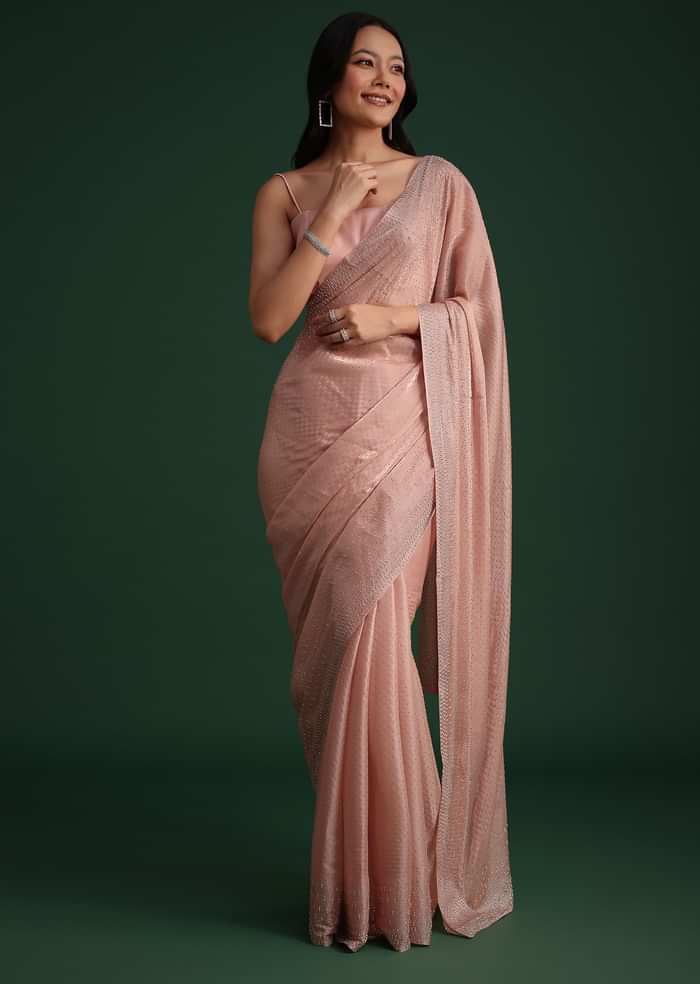 Peach Satin Heavy Embroidered Saree With Stones And Diamonds All Over