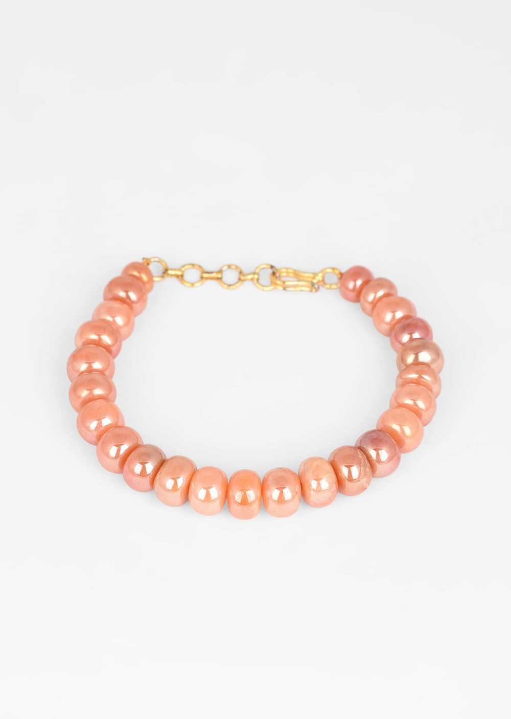 Peach Semi Precious Stone Beads Threaded Bracelet With Hook Closure