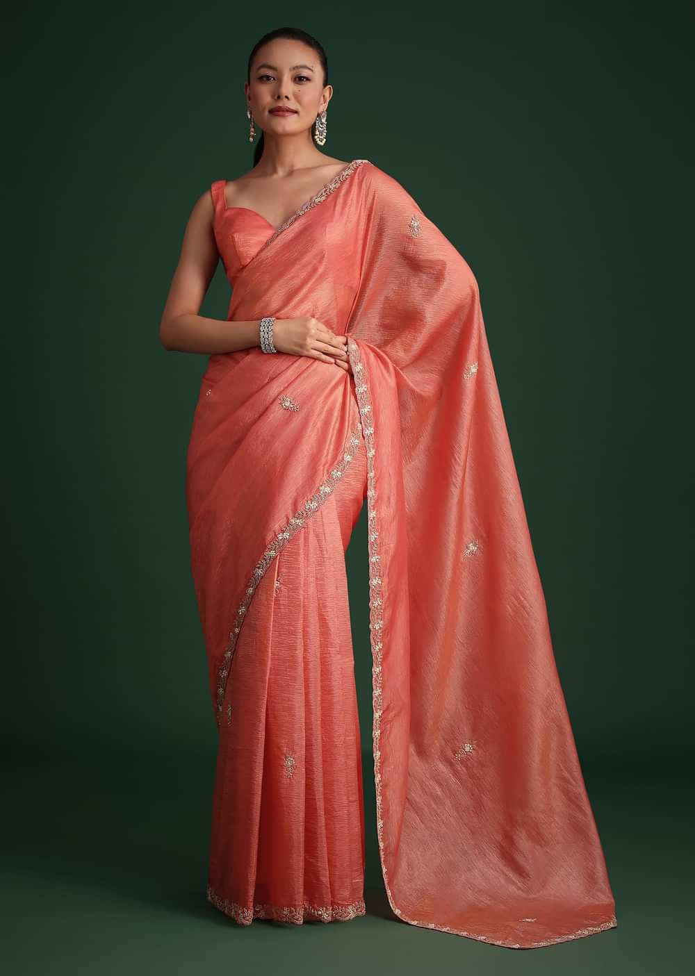 Peach Sequin Work Crushed Tissue Saree