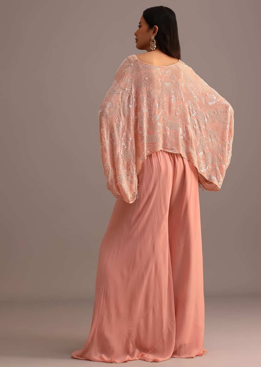 Peach Sequins Cape And Crop Top Palazzo Set