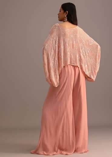 Peach Sequins Cape And Crop Top Palazzo Set