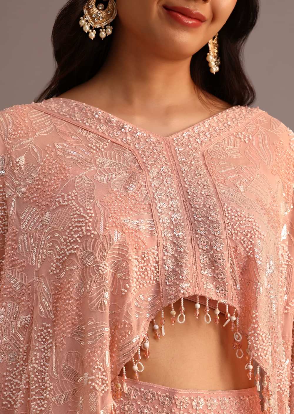 Peach Sequins Cape And Crop Top Palazzo Set