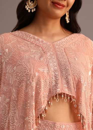 Peach Sequins Cape And Crop Top Palazzo Set