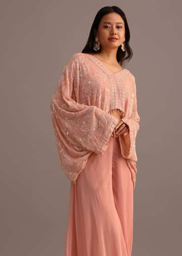 Peach Sequins Cape And Crop Top Palazzo Set