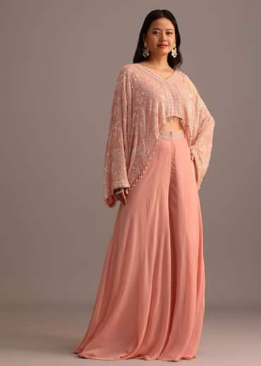 Peach Sequins Cape And Crop Top Palazzo Set