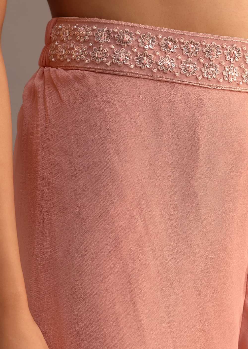 Peach Sequins Cape And Crop Top Palazzo Set