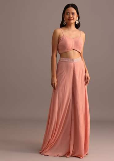 Peach Sequins Cape And Crop Top Palazzo Set