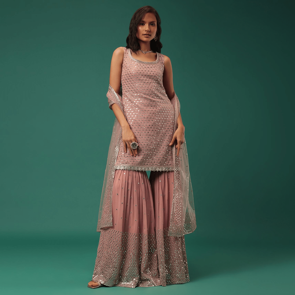 Peach Sequins Embroidered Sharara Suit Set In Georgette
